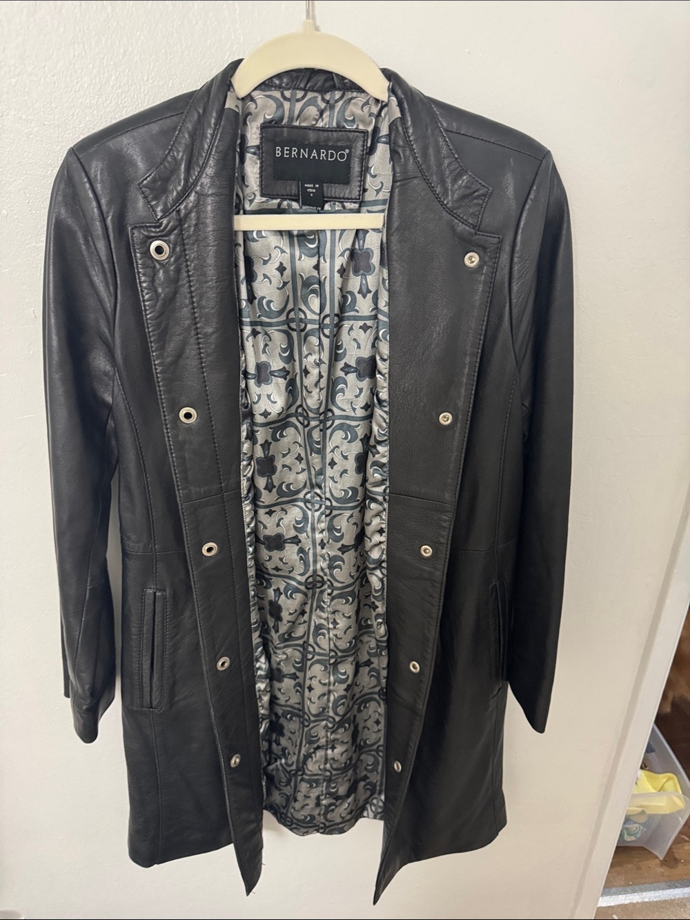 Bernardo Black Leather Long Jacket with Patterned Lining